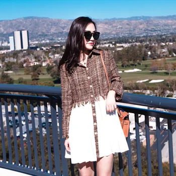 

Spring Autumn Popular Woolen Plaids and Pleated Chiffon Patchwork Dress Street Fashion Women Dress