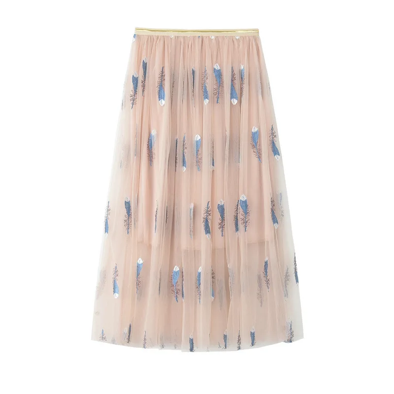 

2018 Feather Embroidery A-line Tutu Lace Mesh Skirt Elegant Tulle Long Pleated Skirt Women Casual Women Midi Skirt KH2264H
