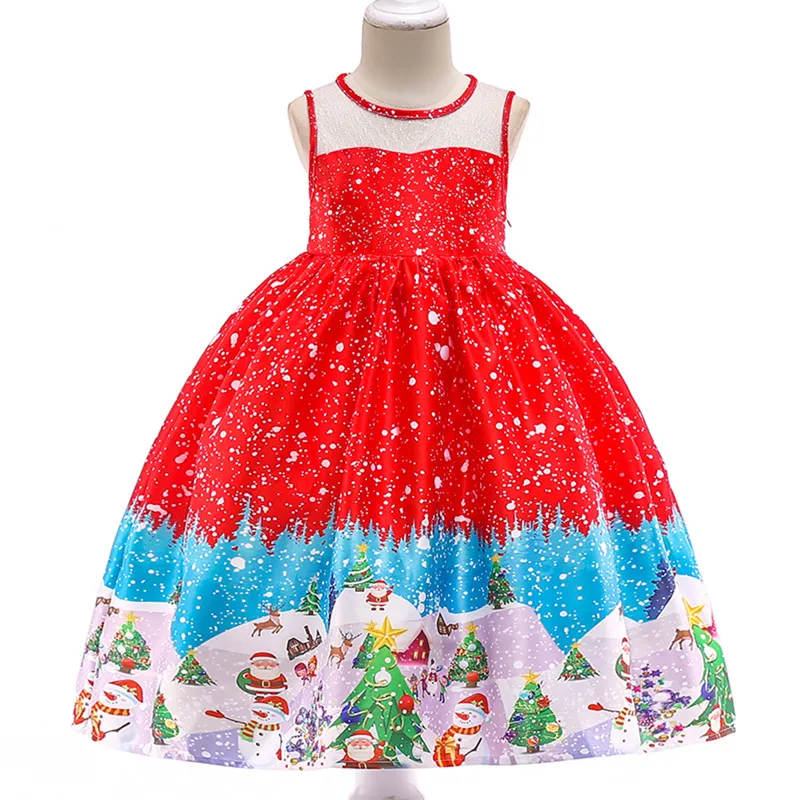 Новые летние девушки сладкий Рождественское праздничное платье Санта Клаус Лось снег Атлас принтом Детские платье принцессы