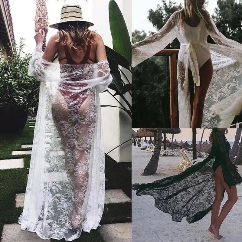 1 Pc Womens Long Sleeve Summer Sexy Sheer Eyelash Lace Kimono Cardigan Open Front Self-Tie Bikini Cover Up  Long Loose Beach