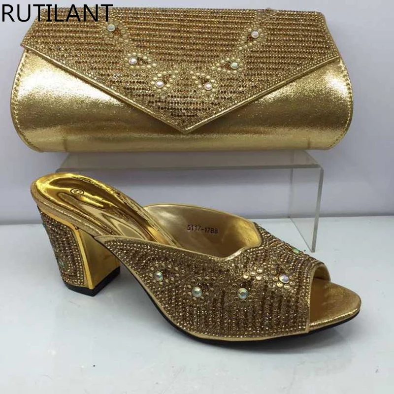 Women Shoe and Bag Set In Italy Gold Color Italian Shoe with Matching