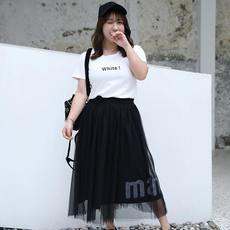 summer plus size long skirt for women casual loose elastic waist large voile mesh pleated skirts black 4XL 5XL 6XL 7XL 8XL