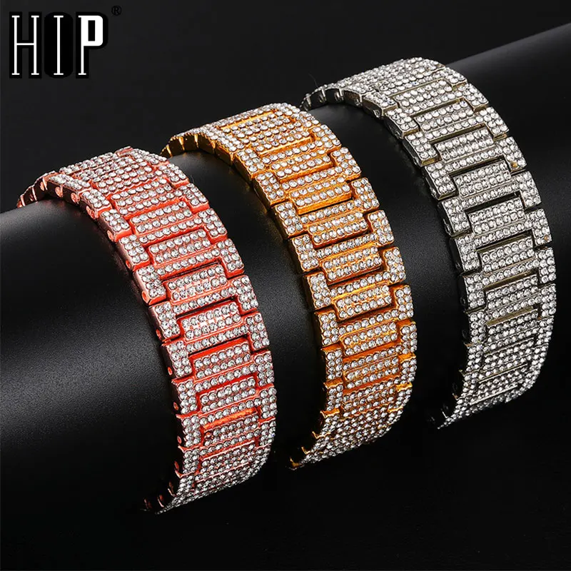 Хип хоп Полный Стразы Iced Out Bling Gold Watch Band Link Chain Браслеты для мужчин рэппер