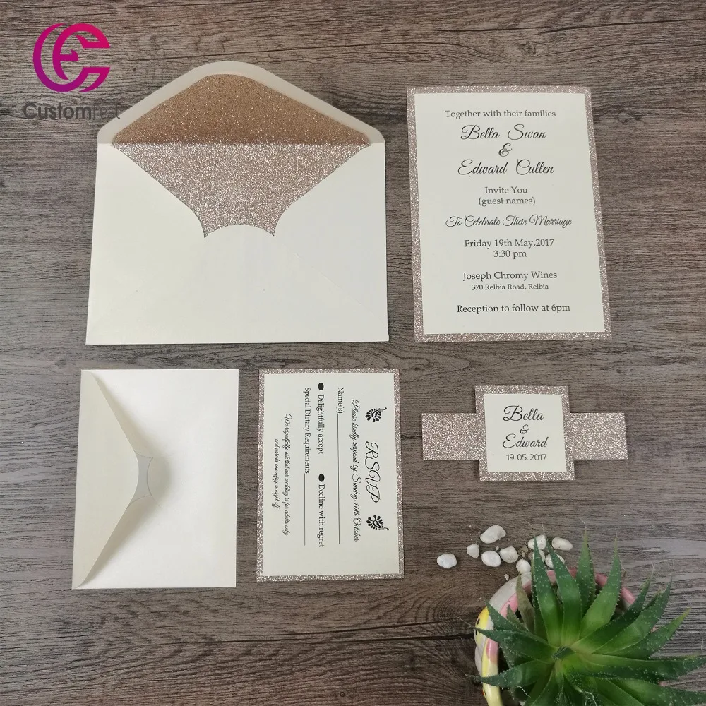 

30pcs/lot Champagne glitter liner envelop with glitter two layers invitation and RSVP set ( including belly band and tag)