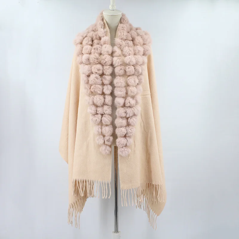 100% sheep fur cashmere shawl with real rabbit fur balls (15)