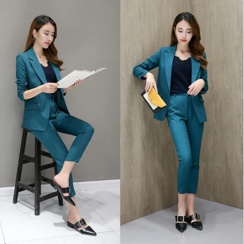women's suit 2018 spring and autumn fashion temperament Slim long-sleeved small suit + casual nine pants two-piece suit Women's Sets