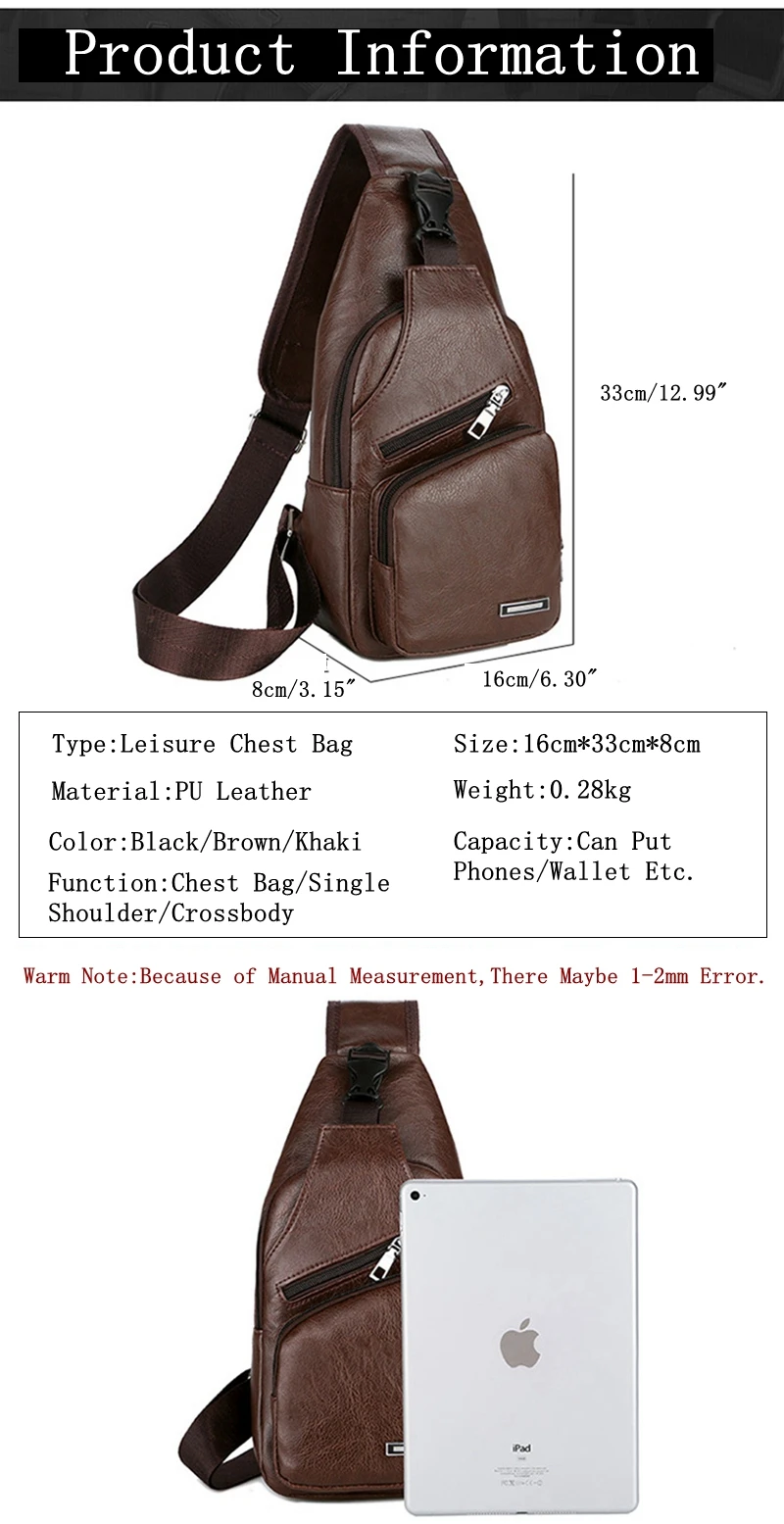 ANOVISHANA Buckle Anti-theft Men's Chest Bag PU Leather Man Messenger External USB Charging Headphone Hole Travel Shoulder Bag