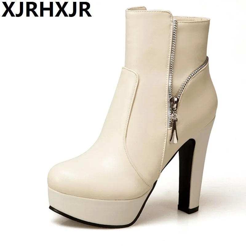 

XJRHXJR Size 34-50 Women Ankle Boots High Heels Female Side Zipper Shoes Party Wedding Platform Botas Fashion Winter Shoes