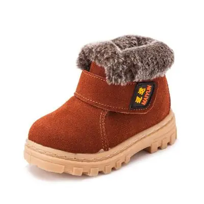SKOEX/Зимние ботильоны для мальчиков и девочек; теплые плюшевые Водонепроницаемые кожаные детские кроссовки; Детские уличные ботиночки; обувь - Цвет: Brown