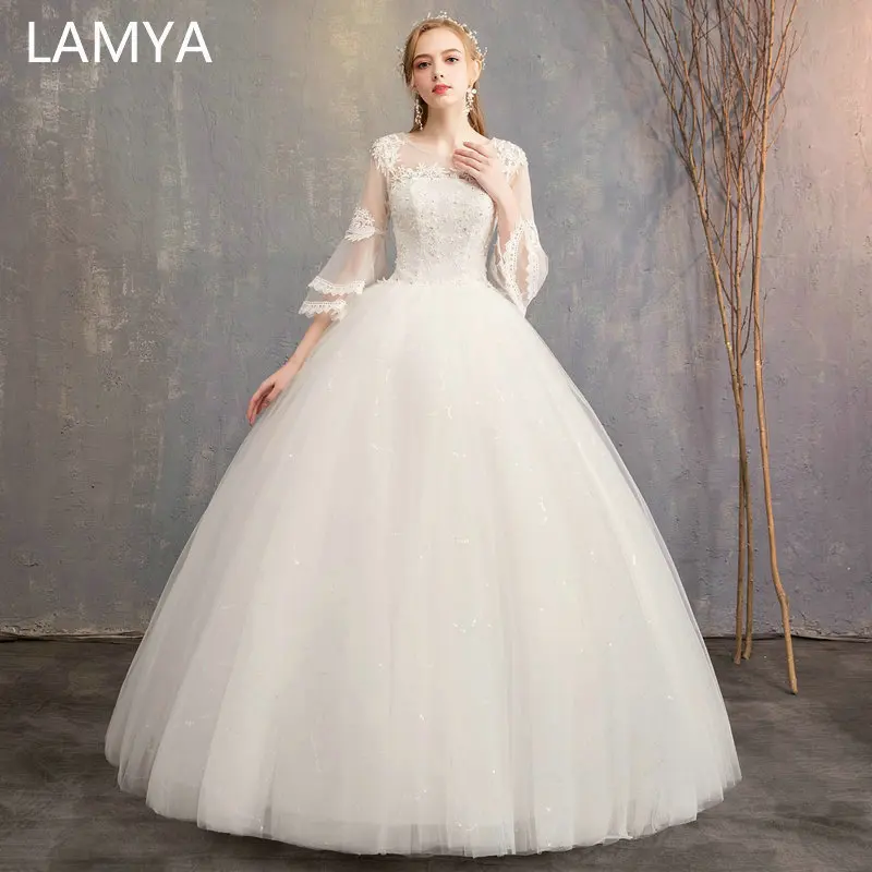 

LAMYA Customized Three Quarter Wedding Dresses Simple O-Neck Bridal Gowns Floor Length Ball Gown Wed Dresses Robe de Mariee