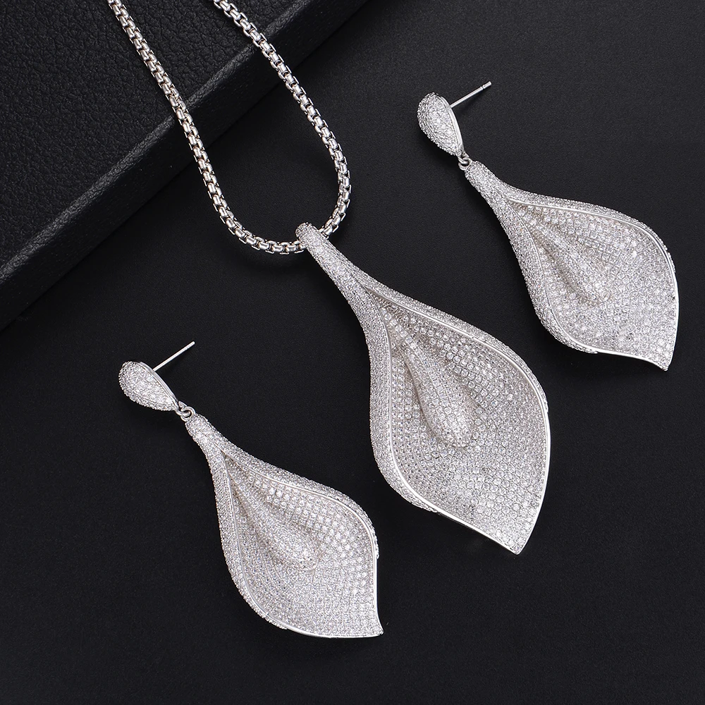

66mm Three Tones Boom Flower Shape AAA Cubic Zirconia Dangle Earrings Necklace Sets For Women Wedding Engagement Jewlery