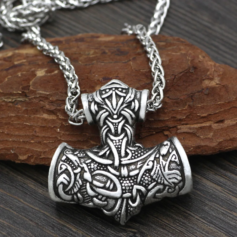 

Men Norse Viking Super L Amulet Large Thor Hammer Mjolnir Odin Wolf Amulet Pendant Necklace with Gift Bag