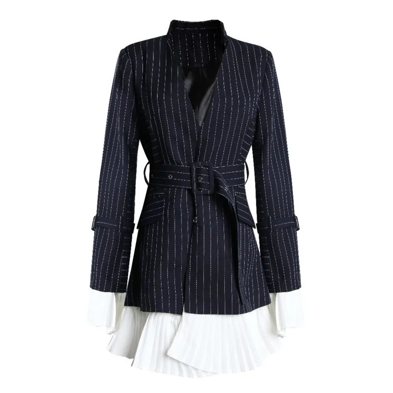 

DEAT 2019 New Turn-down Collar Flare Sleeves Pleated Navy Striped High Waist Single Suit Women Blazer OL Fits Belts WD9150