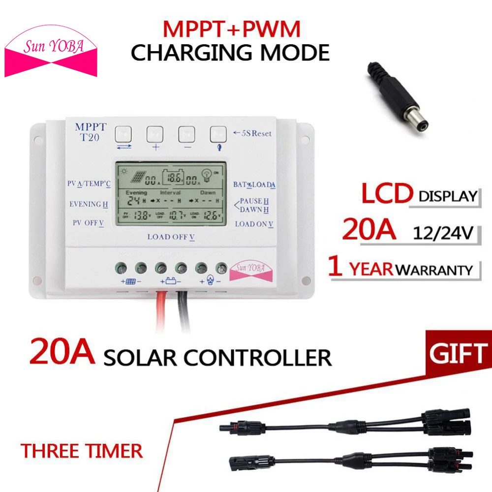 

MPPT 20A LCD Solar Panel Battery Regulator Three Timer Charge Controller 12V/24V + Y Type Solar Panel Cable Connectors