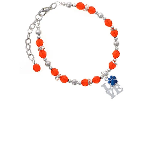Silvertone Love with Royal Blue Paw Orange Beaded Bracelet