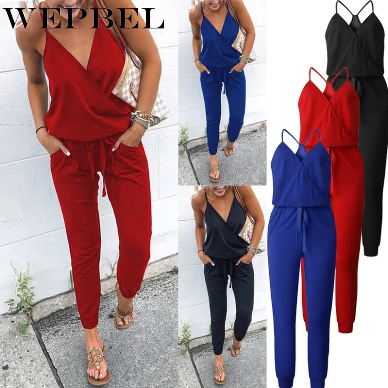 

WEPBEL Women's Summer Casual Clothing Backless Lace-up Jumpsuit Deep V-neck Sling Jumpsuit
