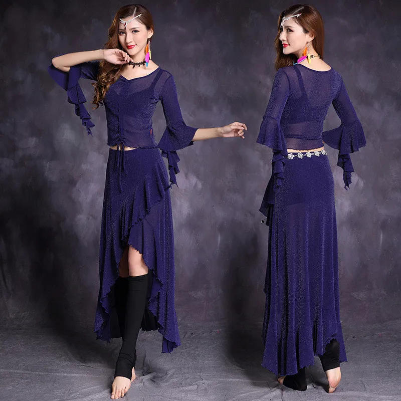 

Women Belly Dance costumes lady long dress Wavy edge butterfly sleeve bellydance Practice clothing top+skirt dancewear suit