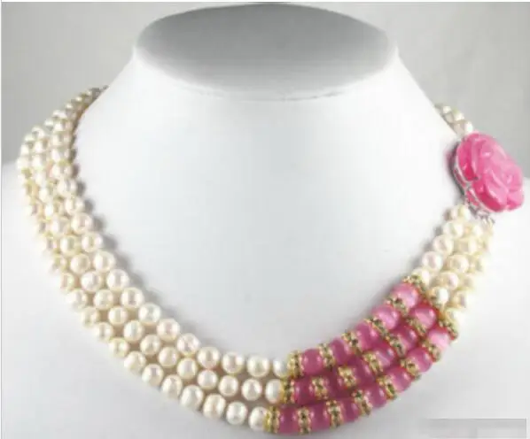 

FREE SHIPPING>>>@@ Hot sale new Style >>>>>3 Rows Genuine White Pearl Pink Opal Rose Flower Clasp Crystal Necklace