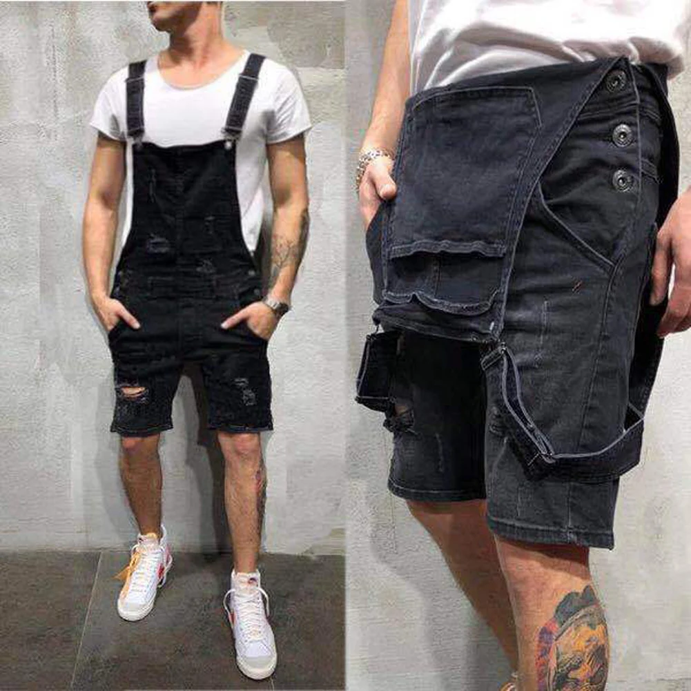 Men Pencil Pants Ripped Bib Jumpsuit Suspender Overalls Male Solid Summer Pants Overall