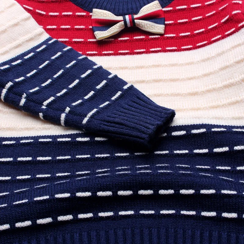 Boy Sweaters Striped Cotton Top Warm Tie Boys Sweater Knitting Kids Clothes Crochet Pullover Children Autumn Winter  Infant Tee (1)