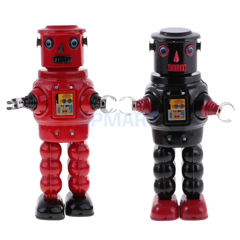 

Set of 2 Vintage Retro Wind Up Clockwork Mechanical Walking Tin Planet Roby Robot Tin Toys Collectible Gifts
