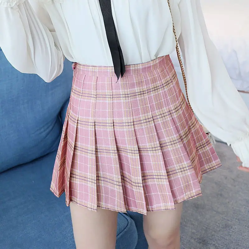 XS-XXL Высокая Талия трапециевидной формы Для женщин плиссированная юбка Harajuku модные брюки безопасности Для женщин юбка сладкий решетки с принтом для девочек клетчатая юбка