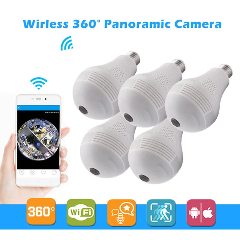 

5 Pack 960P Panoramic WiFi IP Camera Two Way Audio Bulb Light Surveillance Camera Smart Home CCTV Camera 1.3MP 360 Degree Camera