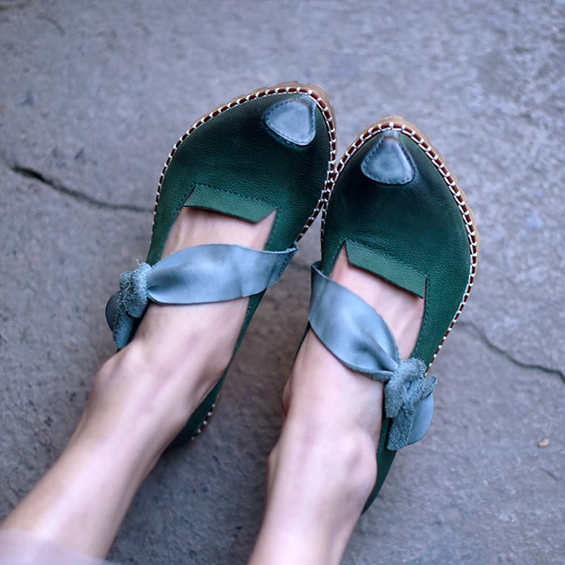 

Artmu Original Vintage Bow Shoes Cow Leather Shallow Mouth Pointed Toe Flats Shoes Cowhide Mary Jane Handmade Butterfly-knot