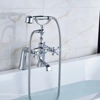 Polished Chrome Brass Double Cross Handles Deck Mounted Bathroom Clawfoot Bathtub Tub Faucet Mixer Tap w/Hand Shower acy006 wall mounted polished chrome round rain shower faucet tub mixer tap dual cross handles hand held shower head acy351