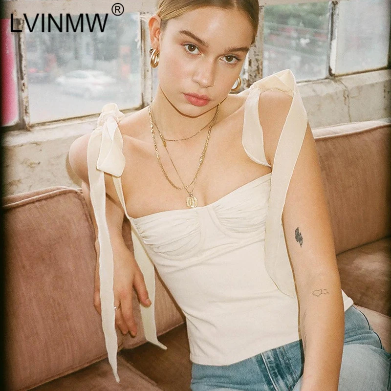 

LVINMW Sexy Lace Up Bow Slash Neck Ruched Crop Top 2019 Summer Women Sleeveless Backless Camisole Top Female Skinny Bralette