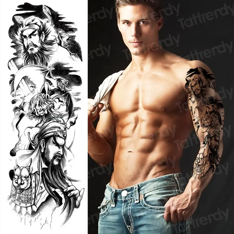 men temporary tattoo full arm sleeve temporary lion tattoos large king tattoo long sleeve sexy fake tatoo boys waterproof black - Цвет: TQB95