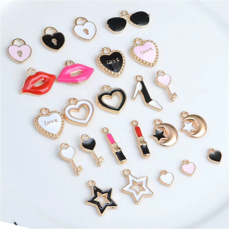 

10PCS/lot 1-2cm Wholesale Oil Drop Patined Alloy Colorful Small Heart Star Key Lock Charms for Jewelry DIY Making Accessories