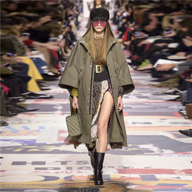 

European Station Spring New Army Green Five-Sleeve Academy Wind Tools Mid-long-style Jacket Woman Coat Women Zippers 2019