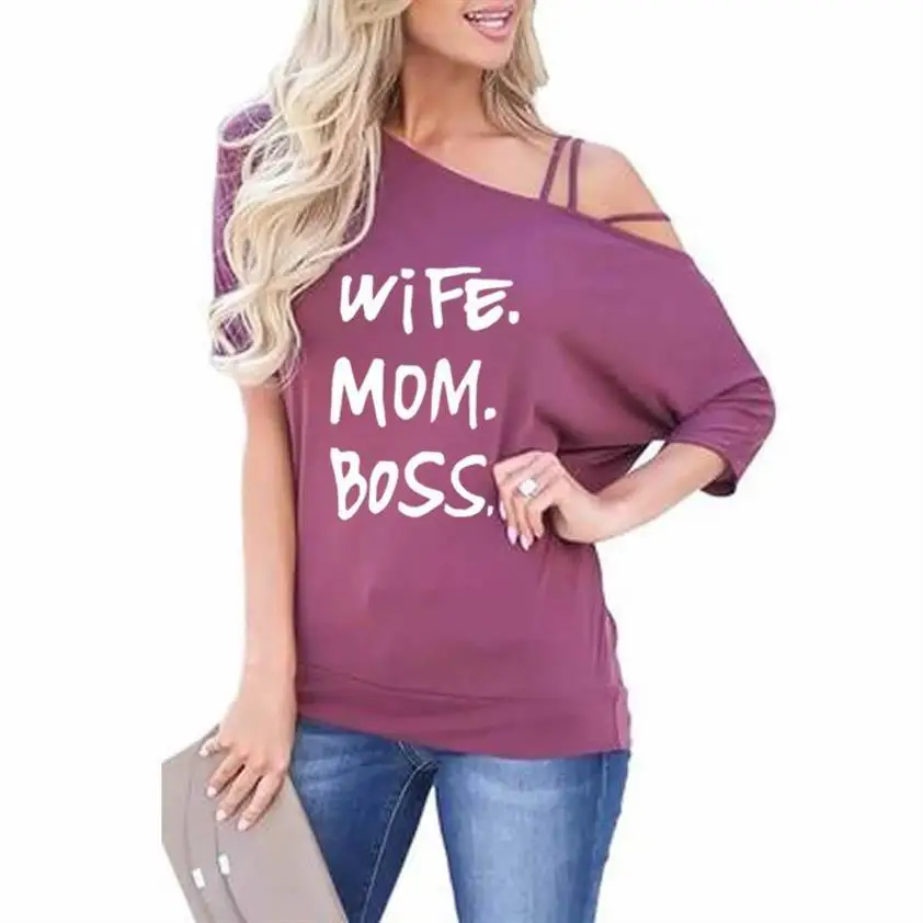 

Fashion Slanted Shoulder Sleeve T-Shirt For Women Wife Mom Boss Letters Print Plus Size Top Tshirt Punk Off The Shoulder Tops