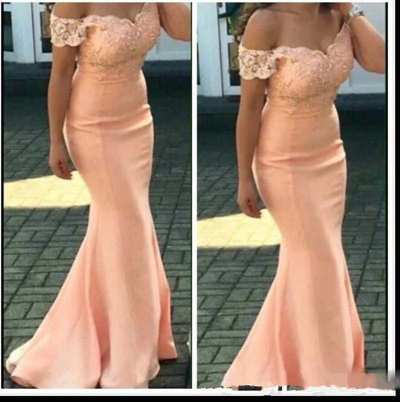 

2019 New Cheap Bridesmaid Dresses For Weddings Peach Cap Sleeves Lace Appliques Mermaid Floor Length Formal Maid of Honor Gowns