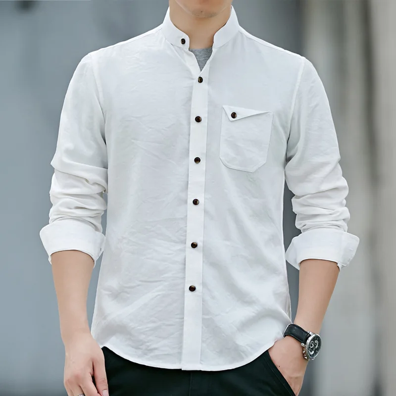 Черный воротник-стойка хлопковая рубашка для мужчин 2019 Весна Новый Slim Fit кнопка подпушка Повседневные платья рубашки s Удобная с карманом