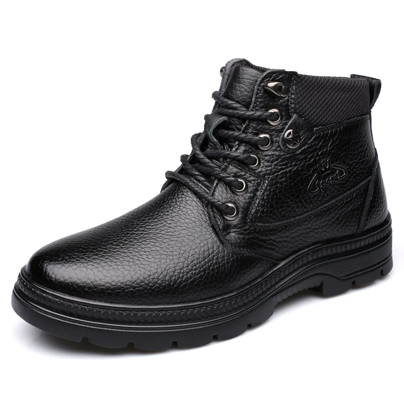 NPEZKGC/; мужские ботинки из натуральной кожи; зимняя обувь с шерстяной подкладкой; нескользящие ботильоны для отца; водонепроницаемые мужские зимние ботинки - Цвет: Black