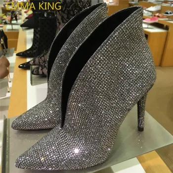 

Fashion Deep V Shape Full Crystal Studded Ankle Boots For Women Luxury Bling Shiny Rhinestone Booties Thin High Heel Shoes Women