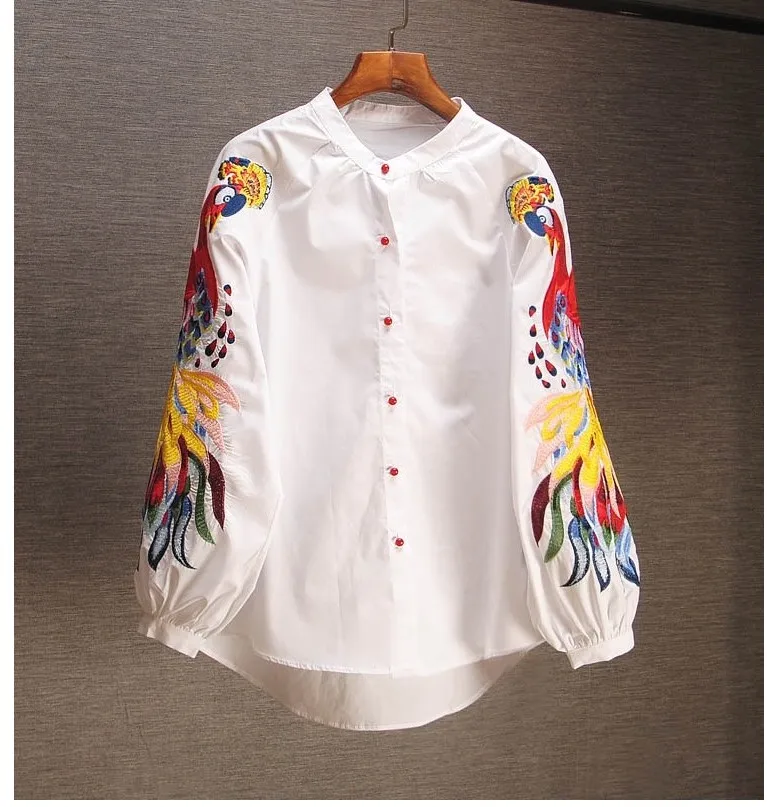 

Stand Neck Embroidery Women Tops loose thin phoenix Lantern sleeve shirt womens tops and blouses Spring 2019 new vintage