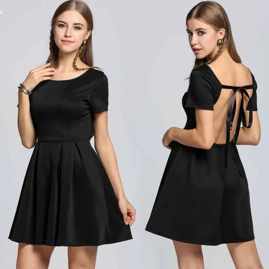 Sexy Women Short Sleeve Backless Solid Cocktail Pleated Skater Dress