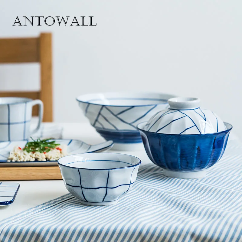 ANTOWALL Japanese tableware ceramic instant noodle ramen bowl with lid soup bowl blue grid