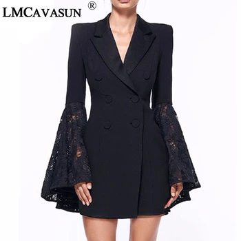 

LMCAVASUN Lace Bell Flare Sleeve Blazer Women Hollow Out V Neck Double Breadsted Suit Collar Tunic Plus Size Coat Female Blazers