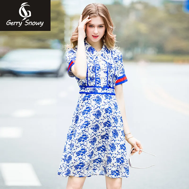 

Boho dress 2018 Beach dress Summer new blue porcelain Women's clothing printing cultivate morality dress Free Shipping