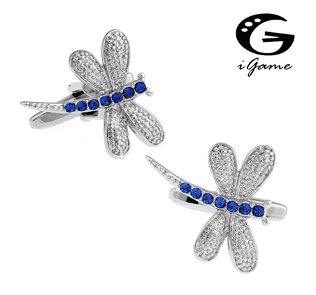 

iGame Metal Cuff Links Blue Crystal Dragonfly Design Novelty Gift For Man Free Shipping