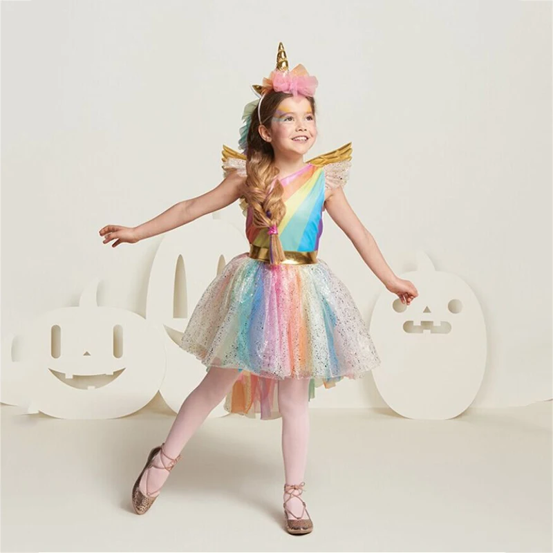 

Girl's Rainbow Unicorn Cosplay Dress Halloween Christmas Cosplay Costume Kids Summer Party Dress 2019 New Arrive