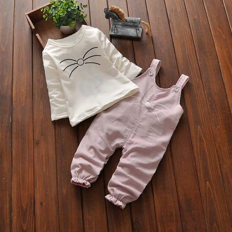 Осенняя футболка с длинными рукавами для маленьких девочек топы+ кошка нагрудник комбинезон боди на работу штаны комплекты одежды из 2 предметов S3647