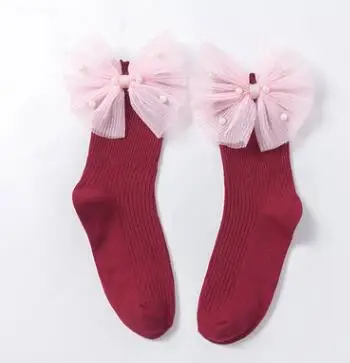 Children Bows lace Girls Ankle Socks Striped Baby Sock For Girls Princess Socks Cotton Kids School Sweet 1-8Year old - Цвет: red side pearl