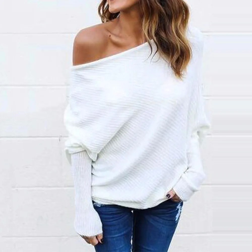 Женский длинный рукав Batwint One Off Shoulder Повседневный вязаный свитер пуловер Топы Женский холодный свитер с открытым плечом
