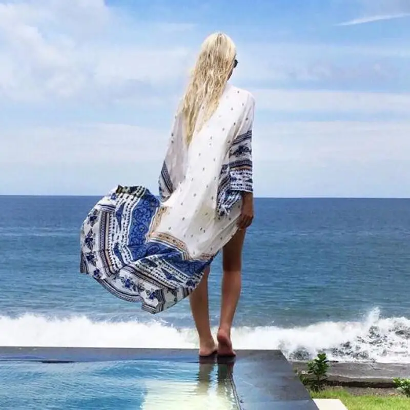 

Kaftan Beach long Tunic Swimwear sexy Women blue Biquini Cover Up white bikini Coverup Women Skirt Tunic woman Smock femme
