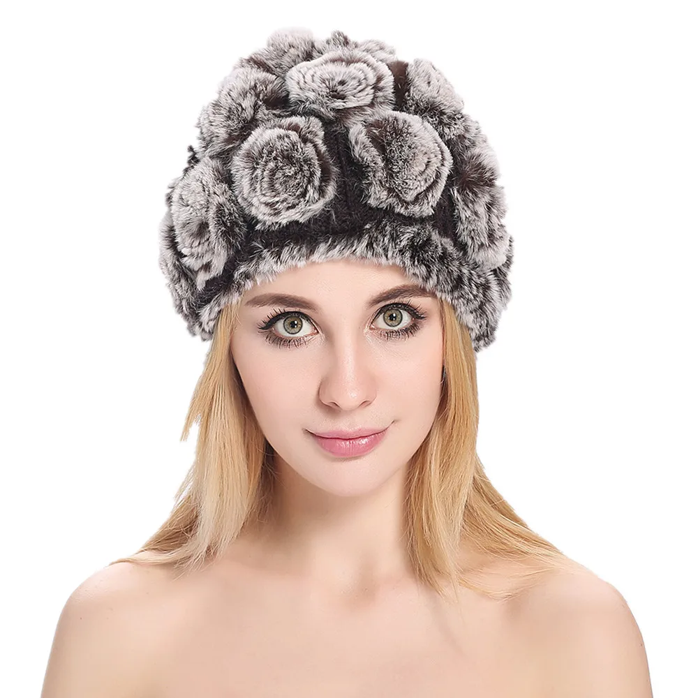 

ZY84010 Winter Women's Genuine Rabbit Fur Hats Lady Warm Plate Of Flowers Caps Hot Sell Popular Fashion Hot Sale Winter Hat